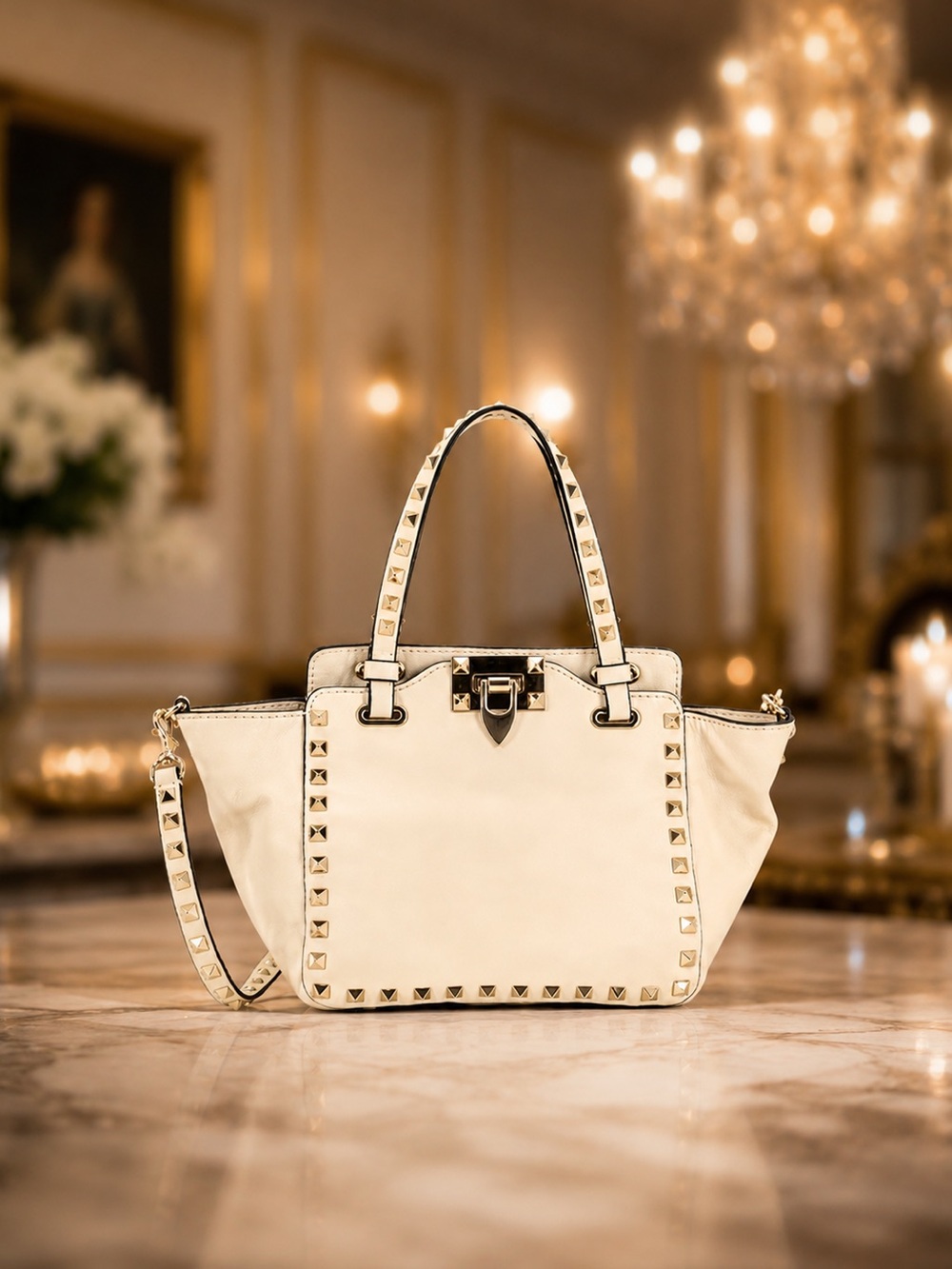 Valentino Garavani Mini Rockstud Tote Bag Cream Leather 2-Way Crossbody